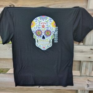 Black T-Shirt with Colorful Skull Design